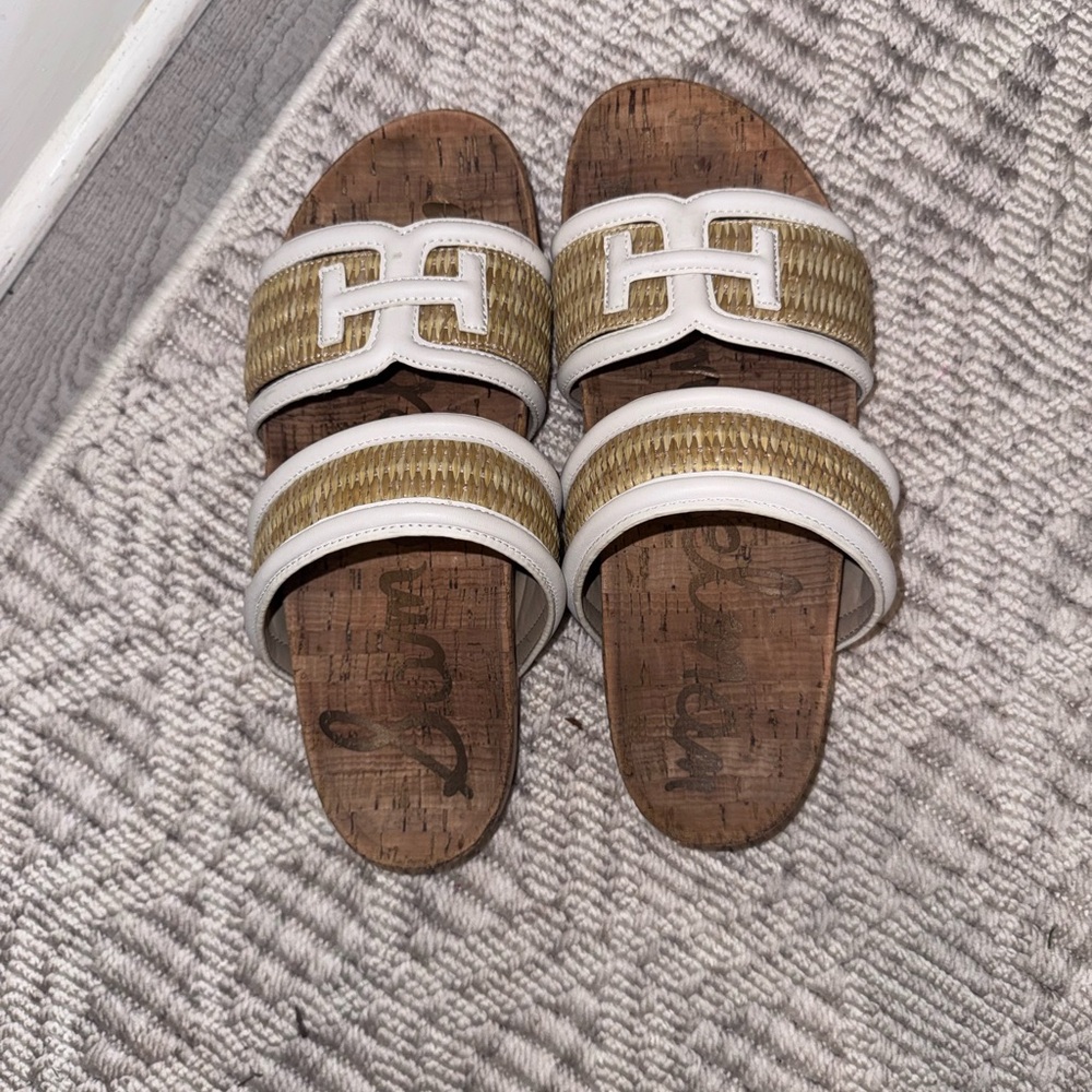 Sam Edelman White and Natural Raffia Slide Sandals